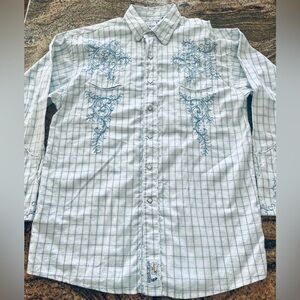 Panhandle Slim White/Blue Plaid Embroidered Pearl Snap  Mens M Western Pockets